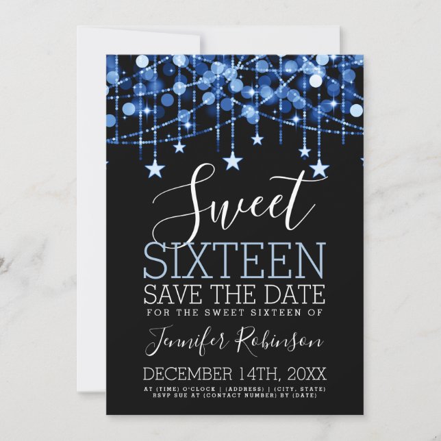 Blue Sweet 16 Funkelnd String Lights Rett Date Save The Date (Vorderseite)