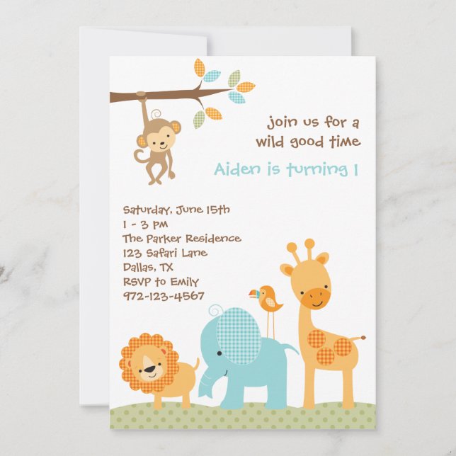 Blue Sweet Safari Einladungen (Vorderseite)