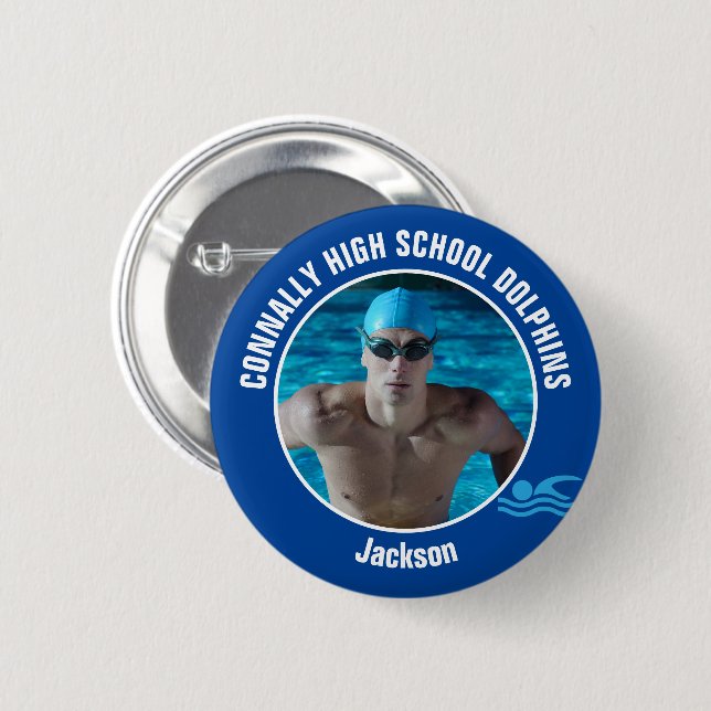 Blue Swim Team Photo High School Swimmer Button (Vorne & Hinten)