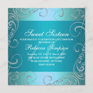 Blue Swirl 16 . Geburtstag Geburtstagseinladung Einladung