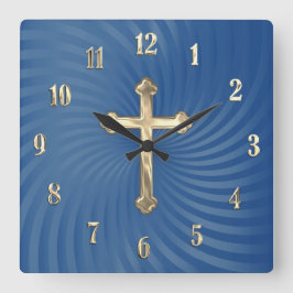 Blue Swirl Background Gold Cross Quadratische Wanduhr