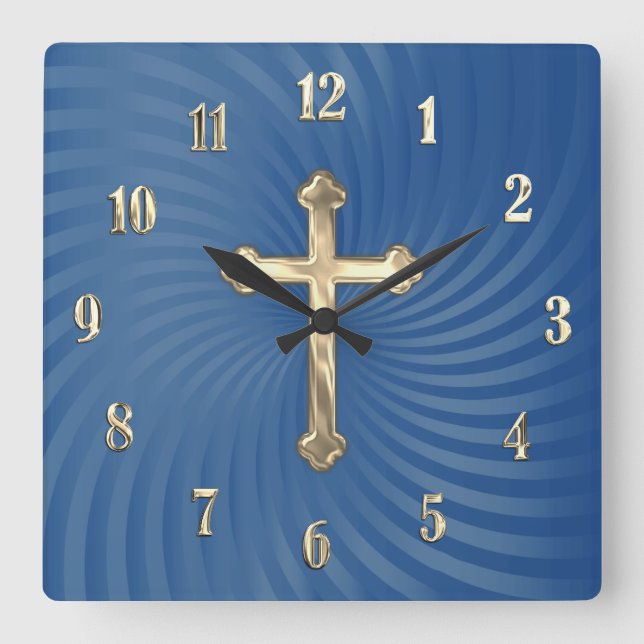 Blue Swirl Background Gold Cross Quadratische Wanduhr (Vorderseite)