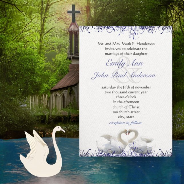 Blue Swirl Swan Love Birds Wedding Einladung (Von Creator hochgeladen)
