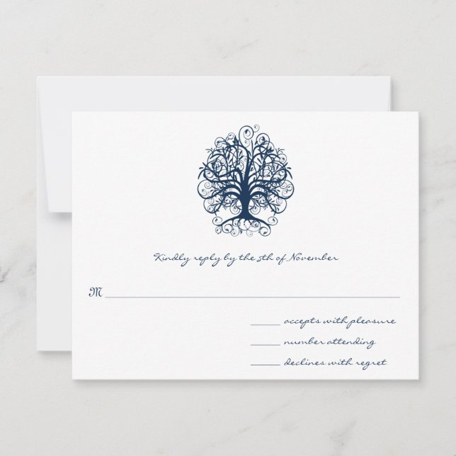 Blue Swirl Tree Wedding Response Card Mitternacht RSVP Karte (Vorderseite)