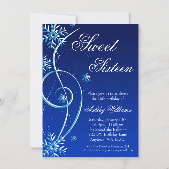 Blue Swirl Winter Wonderland Sweet 16 Einladung (Vorderseite)