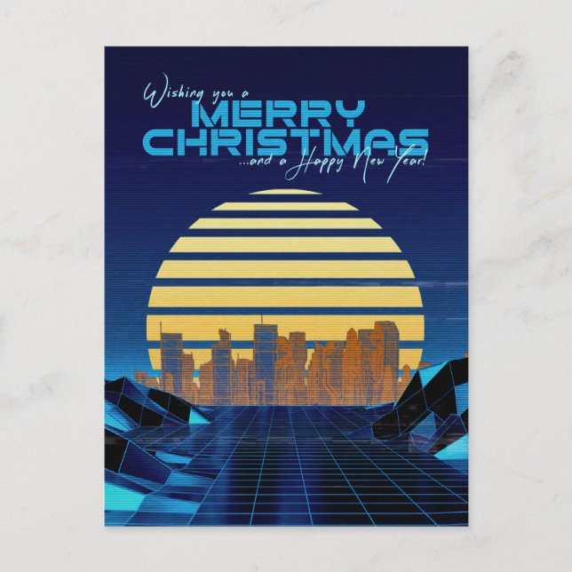 Blue Synthwave Christmas Feiertagspostkarte (Vorderseite)