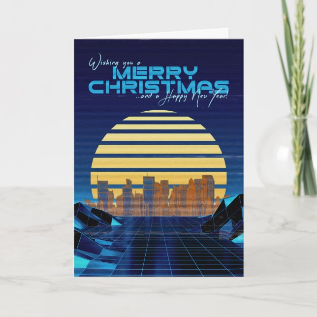 Blue Synthwave Weihnachtskarte Feiertagskarte (Vorderseite)