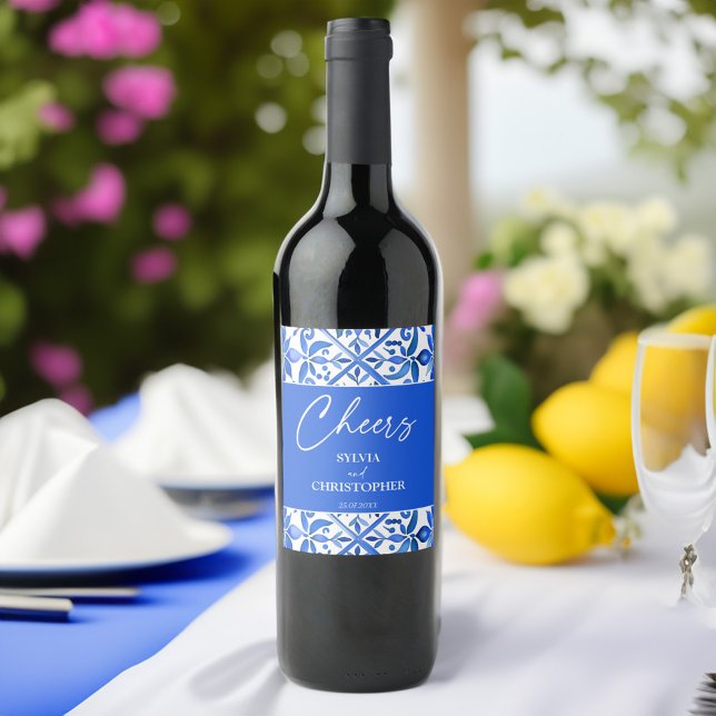 Blue Talavera Gastgeschenk Hochzeit Weinetikett (Blue Talavera Azulejo Spanish tiles vintage Mexican wedding favors personalized Wine Label)