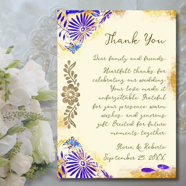Blue Talavera Gold Baroque Wedding Dankeskarte (A timeless thank you card blending rustic gold textures and blue Mexican floral artistry.)