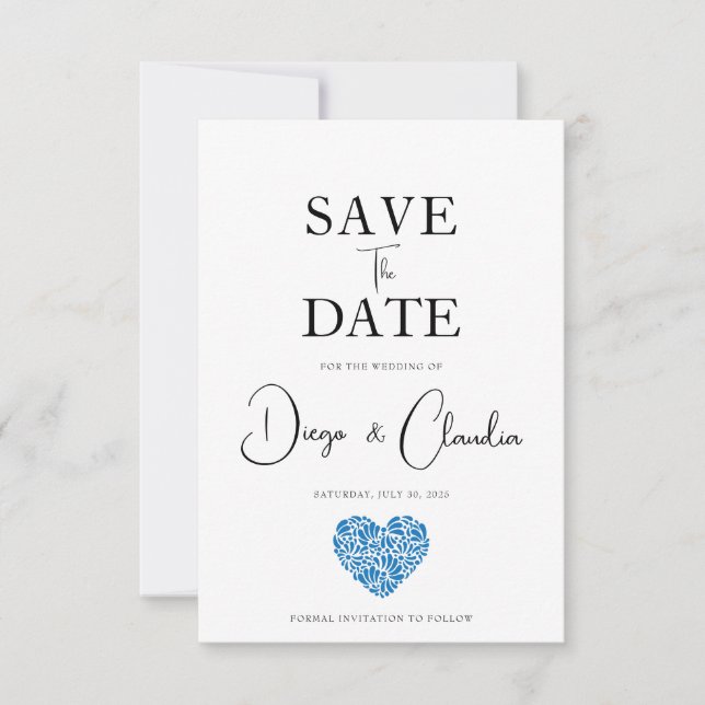 Blue Talavera Heart Wedding Save the Date (Vorderseite)