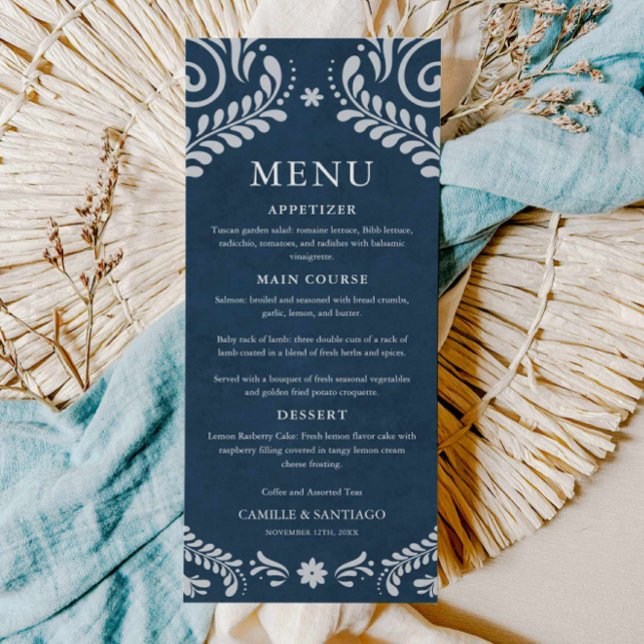 Blue Talavera Mexican Wedding Menu Card Menükarte (Blue Papel Picado Wedding Menu Card)