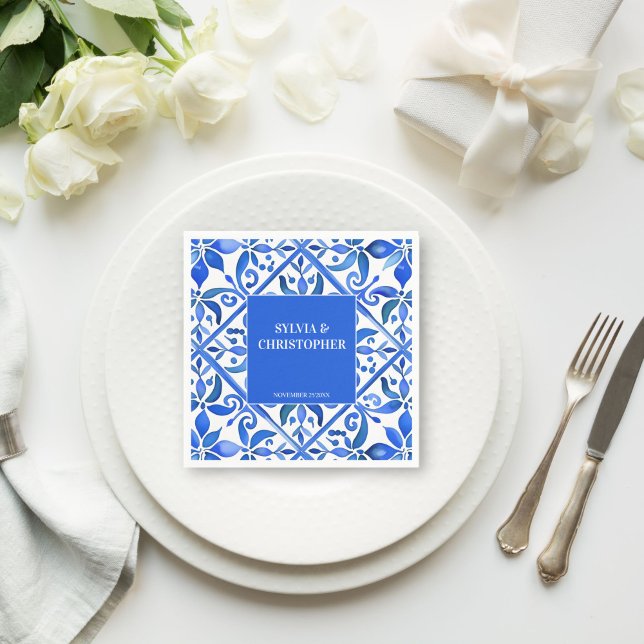 Blue Talavera Spanische Fliesen alle in einer Hoch Serviette (Blue Talavera Spanish tiles personalized monogram printed wedding Napkins template table decor)
