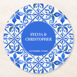 Blue Talavera Spanische Fliesen Monogramm Gastgesc Runder Pappuntersetzer