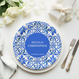 Blue Talavera Spanische Ziegel Monogramm Hochzeit Pappteller