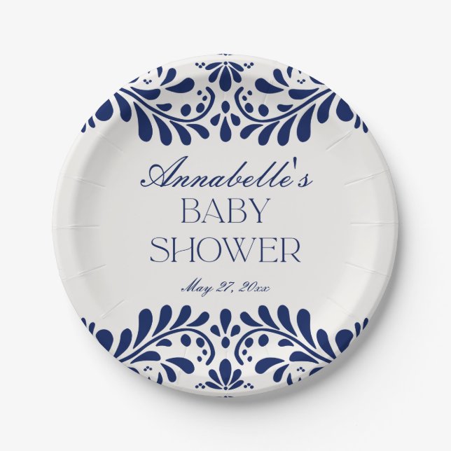 Blue Talavera Tile Spanische Fiesta Babydusche Pappteller (Vorderseite)