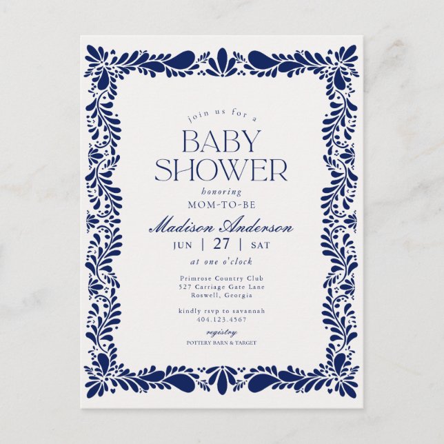 Blue Talavera Tile Spanische Fiesta Babydusche Postkarte (Vorderseite)