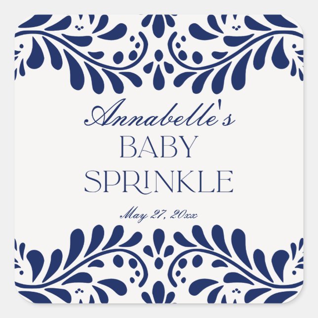 Blue Talavera Tile Spanish Fiesta Baby Sprinkle Quadratischer Aufkleber (Vorderseite)