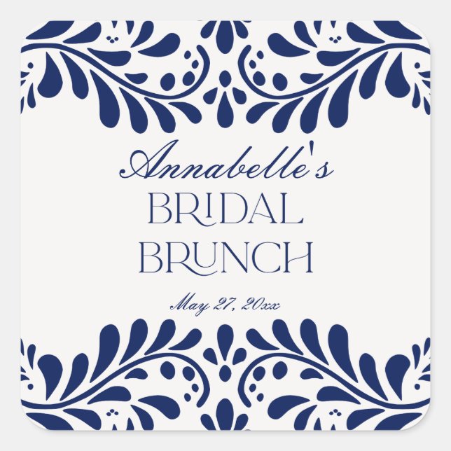 Blue Talavera Tile Spanish Fiesta Bridal Brunch Quadratischer Aufkleber (Vorderseite)