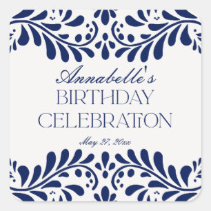 Blue Talavera Tile Spanish Fiesta Geburtstagsfavor Quadratischer Aufkleber