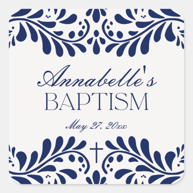 Blue Talavera Tile Spanish Fiesta Taufe Gefallen Quadratischer Aufkleber (Vorderseite)