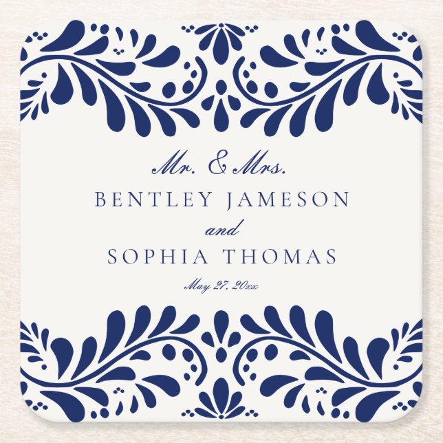 Blue Talavera Tile Spanish Style Fiesta Wedding Rechteckiger Pappuntersetzer (Vorderseite)