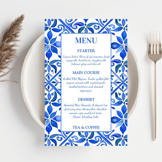 Blue Talavera Vintages spanisches Hochzeitsmenü (Vintage Talavera Spanish Mexican Mediterranean Blue tiles wedding menu card reception table decor)