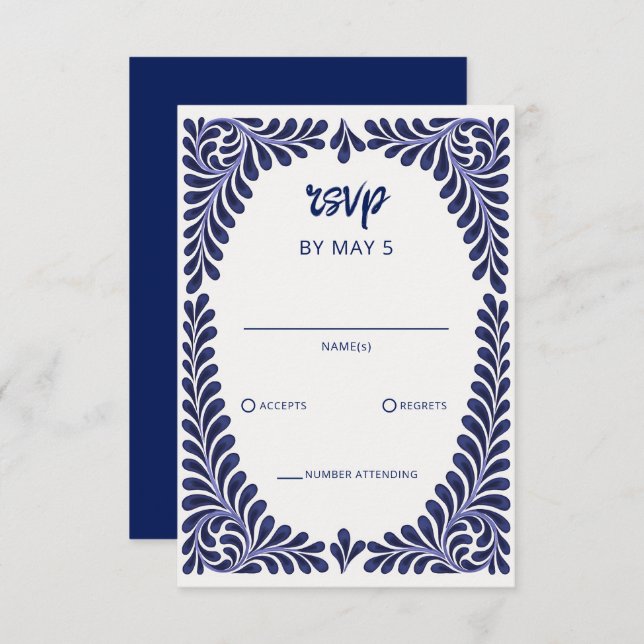 Blue Talavera Wedding RSVP Karte (Vorne/Hinten)