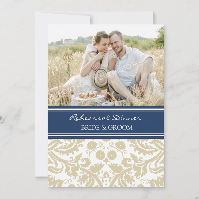 Blue Tan Damask Foto Probe Abendessen Party Einladung (Vorderseite)