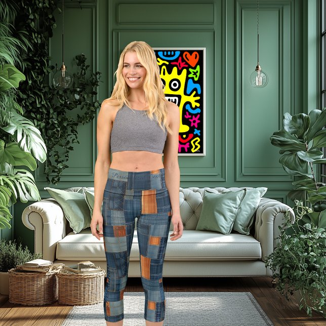 Blue & Tan Denim Patchwork Benutzerdefinierter Tex Capri Leggings (Von Creator hochgeladen)