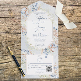 Blue & Tan Dried Boho Blume Blue QR Code All In One Einladung