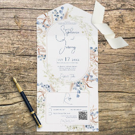 Blue & Tan Dried Boho Blume White QR Code All In One Einladung