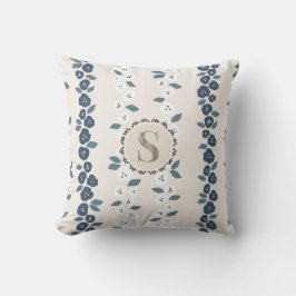 Blue Tan Floral Monogram Bauernhof Vintag Kissen