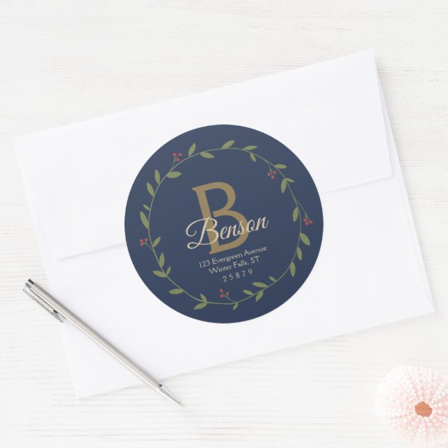 Blue Tan Monogram SVG Weihnachtsanschrift Runder Aufkleber (Umschlag)