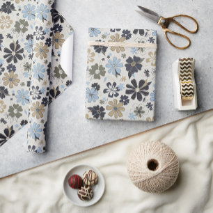 Blue Tan Olive Kontur Blume Blumenmuster Geschenkpapier