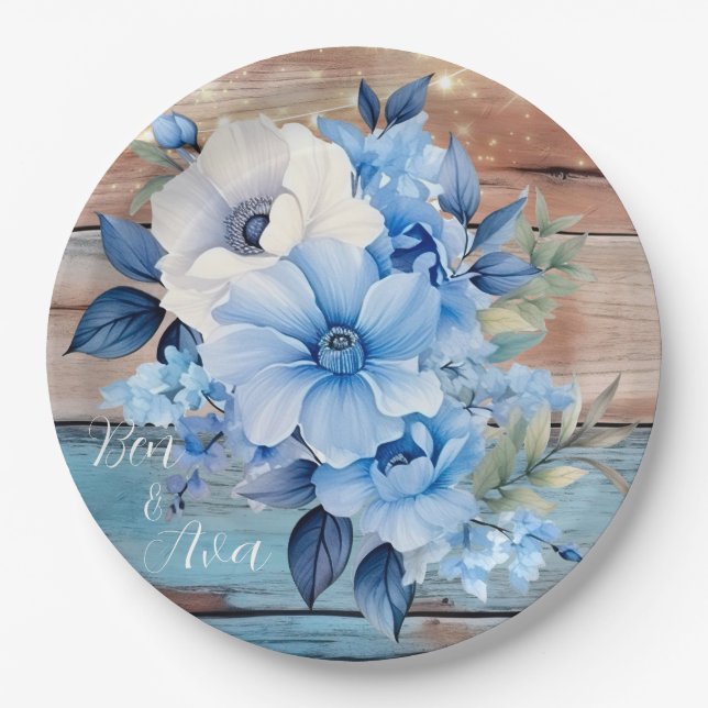 Blue Tan Wood Lights Floral Wedding Pappteller (Vorderseite)