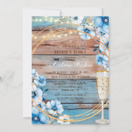 Blue Tan Wood Lights Florals Brunch & Bubbly Einladung
