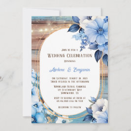 Blue Tan Wood Lights Florals Wedding Celebration Einladung
