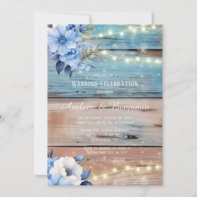 Blue Tan Wood Lights Florals Wedding Celebration Einladung (Vorderseite)