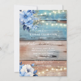 Blue Tan Wood Lights Florals Wedding Celebration Einladung