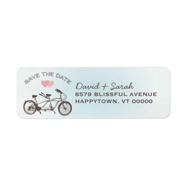 Blue Tandem Bicycle Save the Date Label (Vorne)