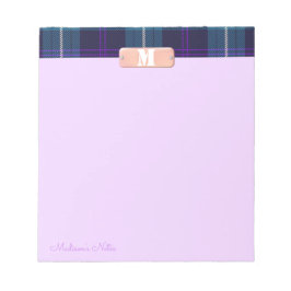 Blue Tartan Custom Script Monogram Bright Lilac Notizblock
