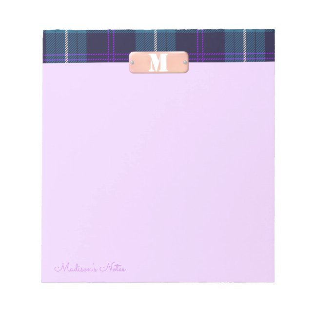 Blue Tartan Custom Script Monogram Bright Lilac Notizblock (Vorderseite)