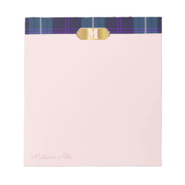 Blue Tartan Golden Custom Script Monogram Apricot Notizblock