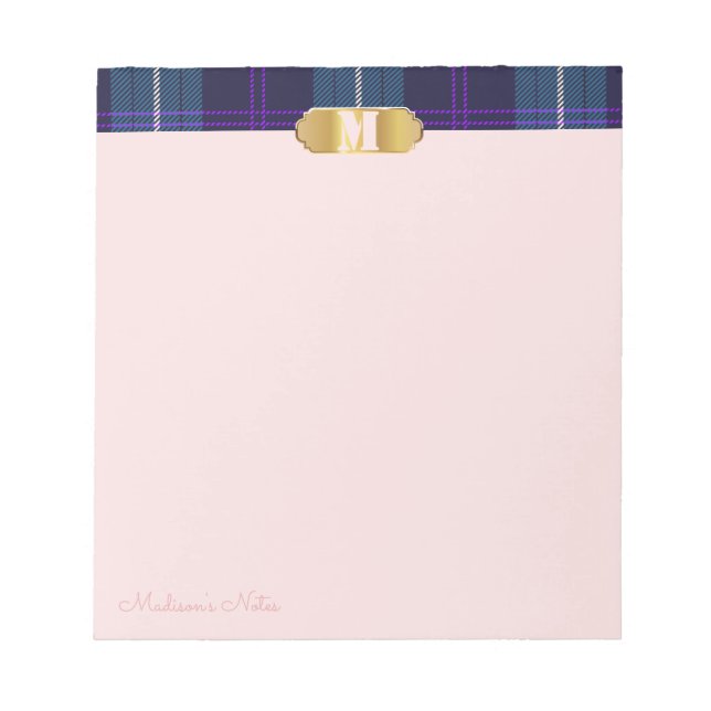 Blue Tartan Golden Custom Script Monogram Apricot Notizblock (Vorderseite)