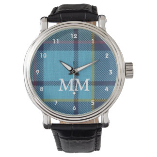 Blue tartan kariert mit Monogramm Armbanduhr