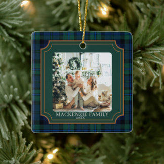 Blue Tartan Plaid Personalized Photo Christmas Keramikornament