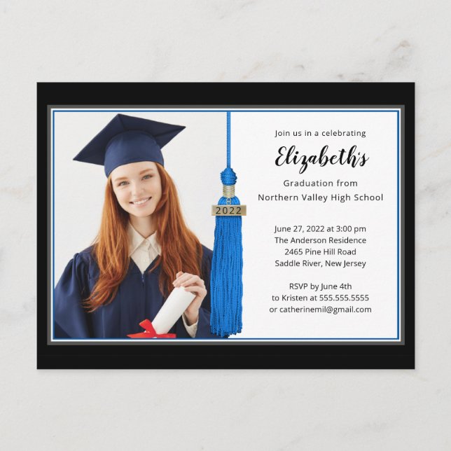 Blue Tassel Foto Graduation Party Einladung (Vorderseite)