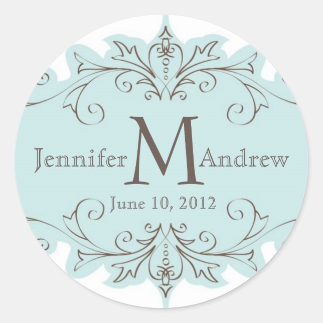 Blue Taupe Swirl Monogram Wedding Date Stickers (Vorderseite)