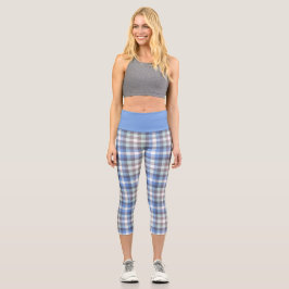 Blue Taupe Tartan Kariertes Muster Capri Leggings
