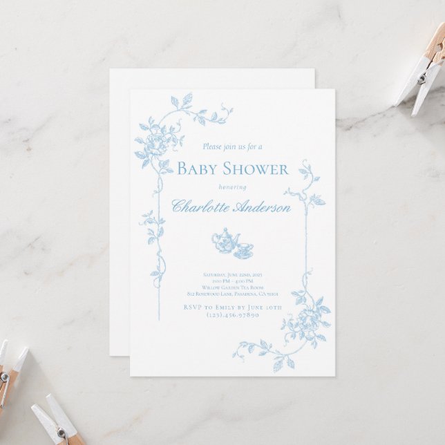 Blue Tea Party Baby Dusche Einladung (Vorderseite/Rückseite Beispiel)